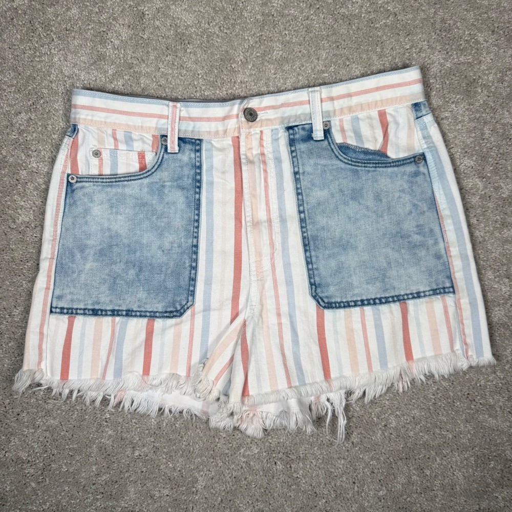 American Eagle Women's 12 High Waisted Striped Denim Shorts Patchwork Raw Hem